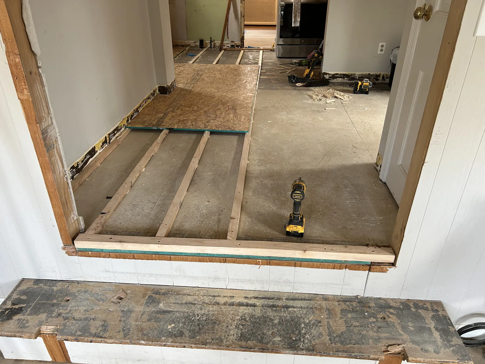 Floor removed to the subfloor before new flooring is installed
